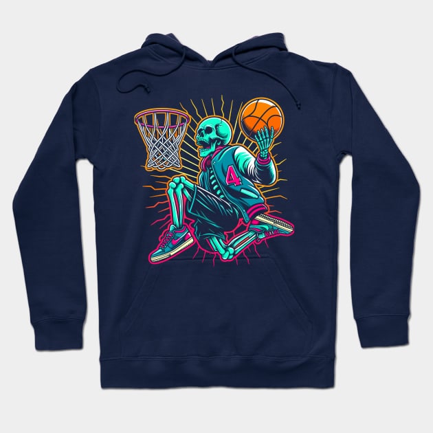 Swoosh!  College Ballin' Skeleton Slams Dunk - Neon Hoops Champion Tee Hoodie by Thewondercabinet28